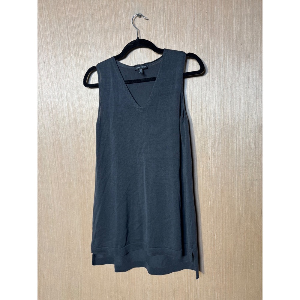 Eileen Fisher Womens Gray Tencel Lyocell V-Neck Sleeveless Tunic Sweater Tank S